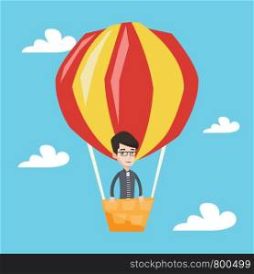 Happy man flying in a hot air balloon. Caucasian man standing in the basket of hot air balloon. Man traveling in aerostat. Man riding a hot air balloon. Vector flat design illustration. Square layout.. Man flying in hot air balloon vector illustration.