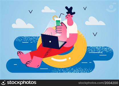 Happy man freelancer lying on floating ring relax at sea work online on laptop. Smiling guy use computer enjoy remote job on summer holiday or vacation. Outsourcing, freelance. Vector illustration. . Happy man relax at sea working online on laptop