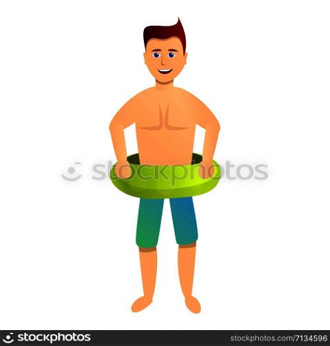 Happy man green ring pool icon. Cartoon of happy man green ring pool vector icon for web design isolated on white background. Happy man green ring pool icon, cartoon style