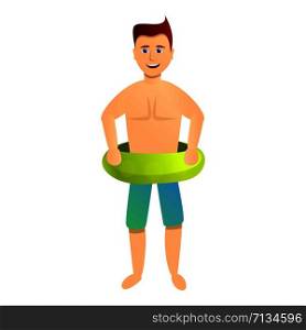 Happy man green ring pool icon. Cartoon of happy man green ring pool vector icon for web design isolated on white background. Happy man green ring pool icon, cartoon style