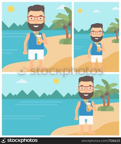 Happy man holding an orange cocktail in hand on the beach. Young man drinking a cocktail on the beach. Man enjoying his vacation. Vector flat design illustration. Square, horizontal, vertical layouts.. Man with cocktail on the beach.