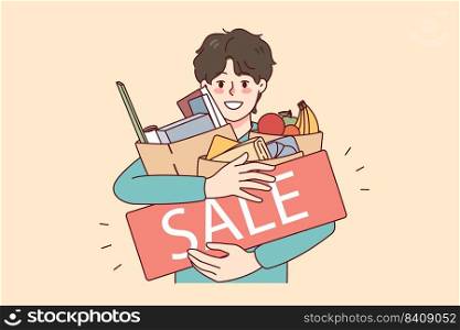 Happy man holding bags with products bought on sale or promotion. Smiling male shopaholic excited with discount offers on black Friday. Shopping concept. Vector illustration. . Happy man holding bags with purchases on sale