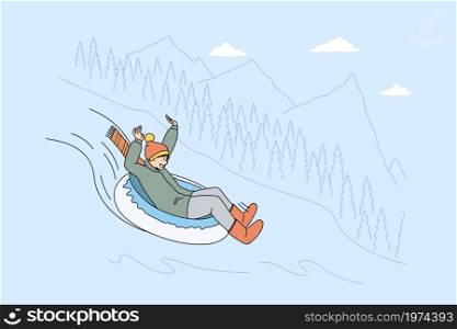 Happy man in outerwear have fun ride down hill on inflatable snow tube on winter holidays. Smiling guy relax on mountain ski resort on vacation. Tourism and travel concept. Vector illustration. . Happy man have fun ride snowy hill on holiday