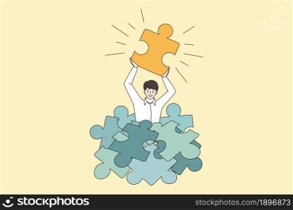 Happy man in pile search find jigsaw piece looking for business solution at work. Smiling male solve trouble. Goal achievement, purpose accomplishment concept. Flat vector illustration.. Happy man hold jigsaw puzzle find business solution