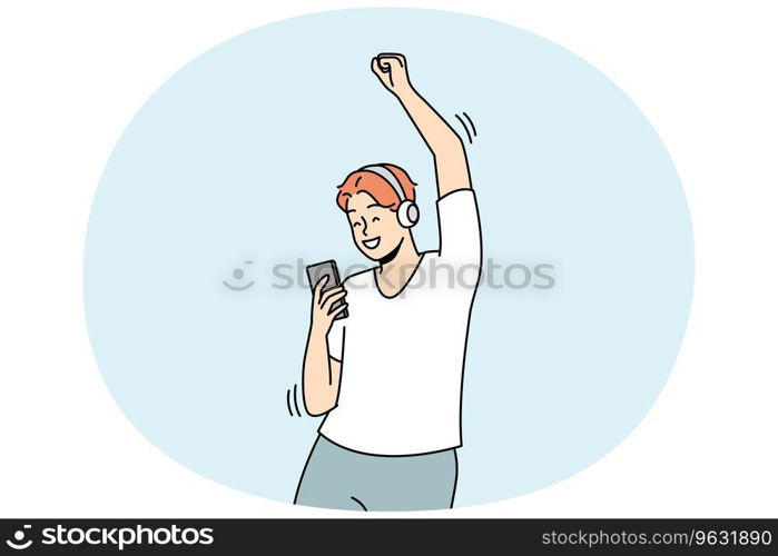 Happy man in wireless headphones dance listen to music on cellphone. Smiling guy in earphones enjoy good quality audio on smartphone. Vector illustration.. Happy man listen to music in earphones