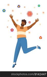Happy man jumping with colorful flowers illustration.
