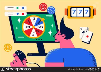 Happy man look at computer screen gamble online on device. Guy player play roulette and slot machine on internet on gadget, believe in fortune. Web casino. Vector illustration, cartoon character. . Man gamble online on computer believe in fortune