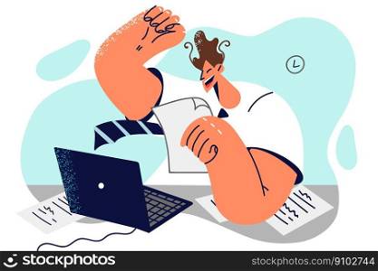 Happy man office worker looks at laptop and rejoices in receiving important email with profitable business offer. Business man doing office work feels like winner after successful crisis management . Happy man office worker looks at laptop rejoices in receiving important email with business offer