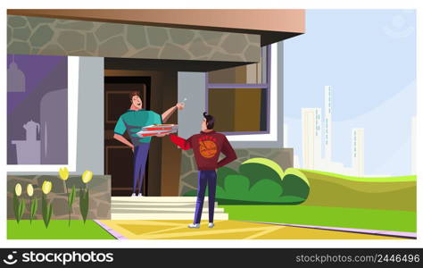 Happy man receiving pizza from delivery guy vector illustration. Young man ordering food and giving money on porch. Food delivery concept