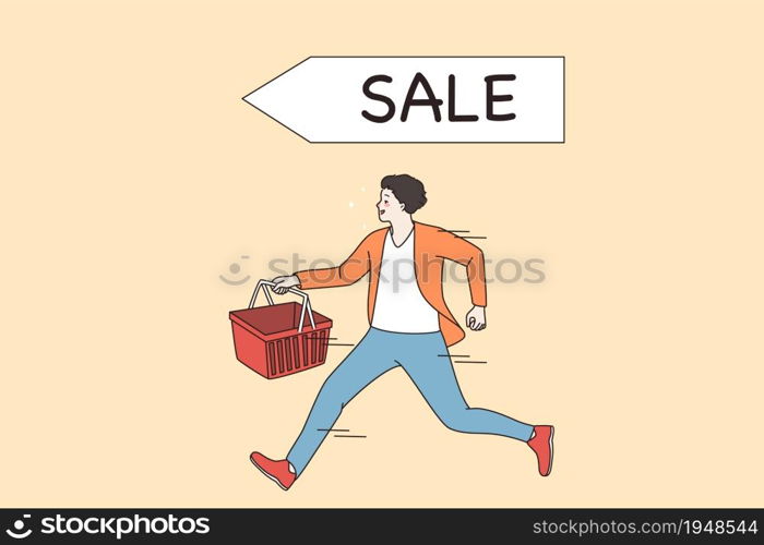 Happy man running with basket for products on big sale day. Excited male client or customer get best deal on promotion or discount weekend. Black Friday, promo concept. Flat vector illustration.. Happy man run for good sale discount