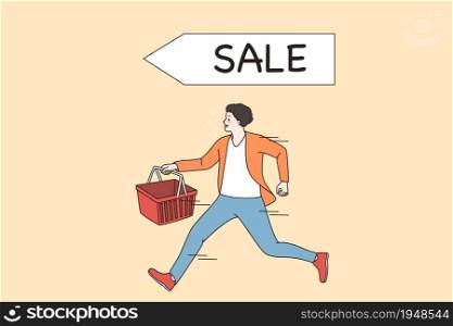 Happy man running with basket for products on big sale day. Excited male client or customer get best deal on promotion or discount weekend. Black Friday, promo concept. Flat vector illustration.. Happy man run for good sale discount