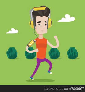 Happy man running with earphones and armband for smartphone. Young man using smartphone to listen to music while running in the park. Vector flat design illustration. Square layout.. Man running with earphones and smartphone.