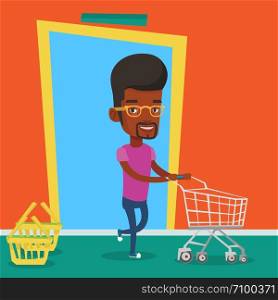 Happy man rushing to shopping. Customer with an empty shopping trolley running into the shop. Young african-american man pushing supermarket trolley. Vector flat design illustration. Square layout.. Male customer running into the shop with trolley.