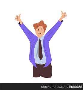 Happy man showing positive emotions and hand gesture. Happiness guy communication character expression and smile. Human different sign .Greeting language emotion cartoon flat vector illustration