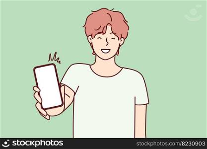 Happy man showing smartphone screen and smiling to recommend cool applications. Positive college age guy holding mobile phone with blank display boasts website. Flat vector illustration. Happy man showing smartphone screen and smiling to recommend cool applications. Vector image