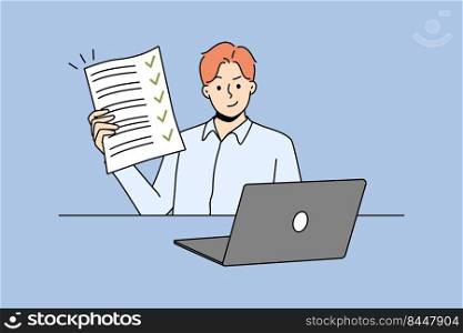 Happy man sitting at desk showing document with all tasks completed. Smiling businessman demonstrate filled form. Success and time management. Vector illustration.. Happy man showing filled form
