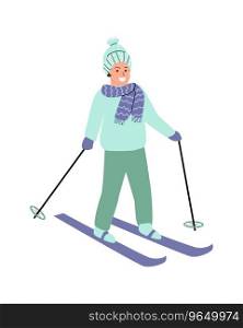 happy man skiing vector illustration. Vector illustration isolated. Usable for web and print design. Posters, web sites, postcards, banners and flyers. Cute boy with ski. happy man skiing vector illustration isolated