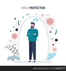 Happy man standing. A male character is protected from viruses and diseases. Good immunity, vaccination and a healthy lifestyle. Handsome guy in trendy style. Vector illustration