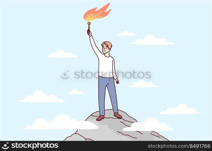 Happy man standing on mountain peak with fire in hands. Smiling businessman reach top excited with goal achievement or success. Vector illustration. . Happy man standing on top with fire