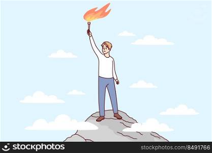 Happy man standing on mountain peak with fire in hands. Smiling businessman reach top excited with goal achievement or success. Vector illustration. . Happy man standing on top with fire