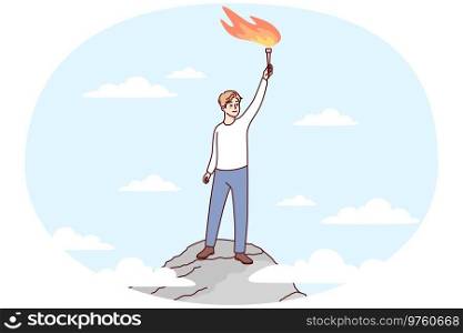 Happy man standing on mountain peak with fire in hands. Smiling businessman reach top excited with goal achievement or success. Vector illustration.. Happy man standing on top with fire