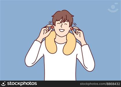 Happy man uses earplugs and neck pillow to rest during long journey on bus or plane. Positive guy traveler is in good mood after getting enough sleep on train. Flat vector illustration. Happy man uses earplugs and neck pillow to rest during long journey on bus or plane. Vector image