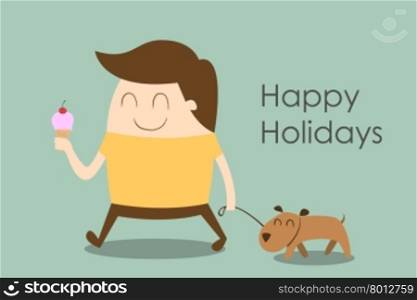 Happy man walking a dog, happy holidays