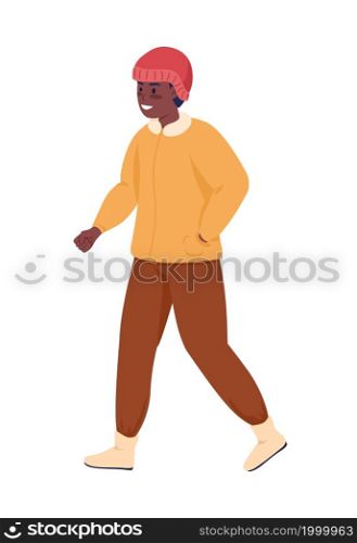 Happy man walking semi flat color vector character. Walking figure. Full body person on white. Winter season isolated modern cartoon style illustration for graphic design and animation. Happy man walking semi flat color vector character