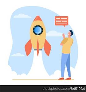 Happy man watching launch of rocket. Project, sky, engine flat vector illustration. Startup and exploration concept for banner, website design or landing web page