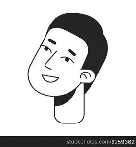 Happy man with happy curious face monochrome flat linear character head. Excited asian man. Editable outline hand drawn human face icon. 2D cartoon spot vector avatar illustration for animation. Happy man with happy curious face monochrome flat linear character head