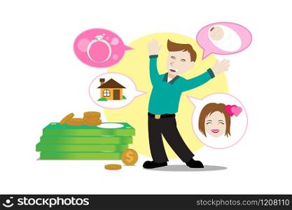 Happy man with his life goals as lover, wedding, house and baby from his success in working to earning more income money. Editable with layers. Isolation vector illustration.