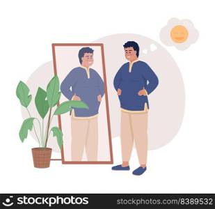 Happy man with overweight near mirror 2D vector isolated illustration. Positive plump flat character on cartoon background. Self acceptance colourful editable scene for mobile, website, presentation. Happy man with overweight near mirror 2D vector isolated illustration