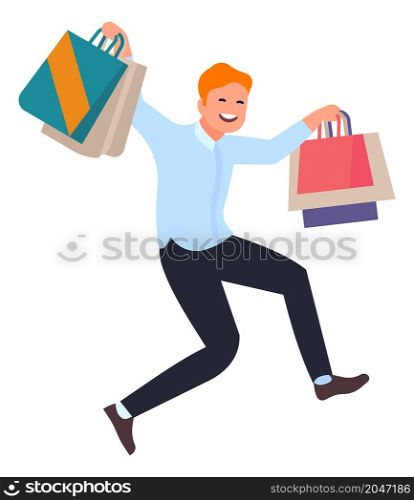 Happy man with shopping bags. Good price offer joy. Person running to big clearance sale. Vector illustration. Happy man with shopping bags. Good price offer joy. Person running to big clearance sale