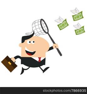 Happy Manager Chasing Flying Money With A Net.Flat Design Style Illustration Isolated On White