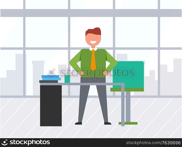 Happy manager or businessman standing near desktop, smiling employee character on workplace in office. Paperwork of male indoor, skyscrapers view from panoramic window. Vector in flat cartoon style. Business Paperwork on Workplace, Worker Vector