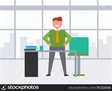Happy manager or businessman standing near desktop, smiling employee character on workplace in office. Paperwork of male indoor, skyscrapers view from panoramic window. Vector in flat cartoon style. Business Paperwork on Workplace, Worker Vector
