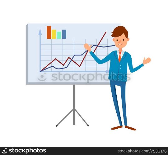 Happy manager pointing on tripod board with growing charts and graphs. Financial analytic making presentation, man in expensive suit in cartoon style. Happy Manager Pointing on Tripod Board Charts