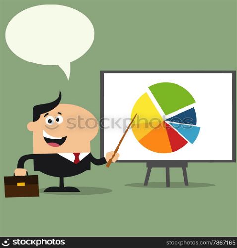Happy Manager Pointing Progressive Pie Chart On A Board.Flat Style Illustration With Speech Bubble