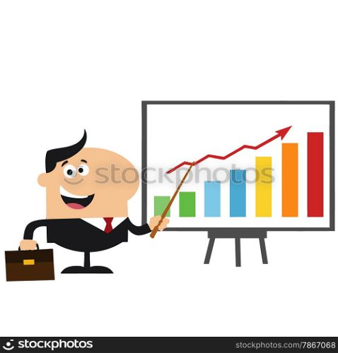 Happy Manager Pointing To A Growth Chart On A Board.Flat Style Illustration Isolated On White