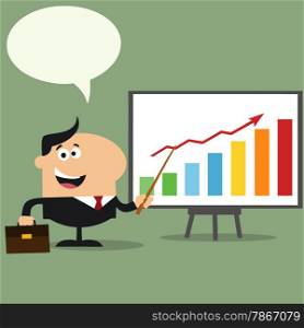 Happy Manager Pointing To A Growth Chart On A Board.Flat Style Illustration With Speech Bubble