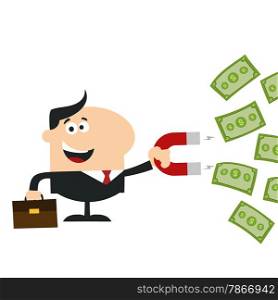 Happy Manager Using A Magnet To Attracts Money.Flat Design Style Illustration Isolated On White