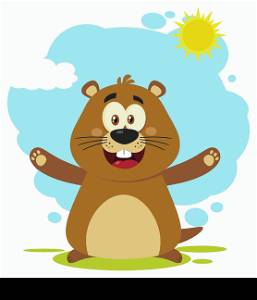 Happy Marmot Cartoon Mascot Character With Open Arms. Illustration Flat Design With Background Isolated On White