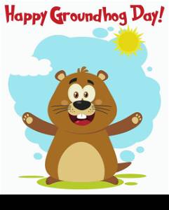Happy Marmot Cartoon Mascot Character With Open Arms And Text Happy Groundhog Day. Illustration Flat Design With Background Isolated On White