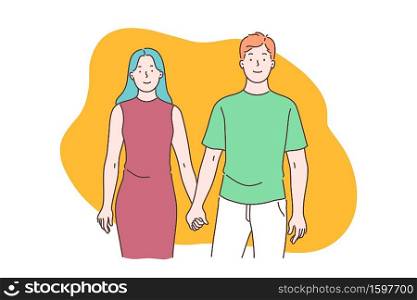 Happy marriage and romantic relationships, man and woman understanding and respect, strong family bond concept. Couple holding hands, boyfriend and girlfriend dating. Simple flat vector. Happy marriage and romantic relationships, man and woman understanding and respect, strong family bond concept