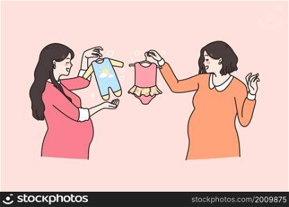 Happy maternity and pregnancy concept. Two smiling pregnant women standing choosing clothing for their babies boy and girl vector illustration . Happy maternity and pregnancy concept.