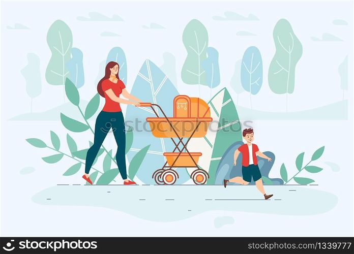 Happy Maternity, Family Active Recreation and Healthy Lifestyle, Concept. Mother with Preschooler Son and Baby in Pram Walking Outdoor, Resting in Park Green Area Trendy Flat Vector Illustration