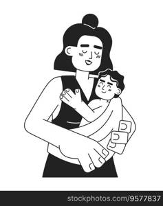 Happy maternity monochrome concept vector spot illustration. Cheerful latina mother holding baby in sling 2D flat bw cartoon characters for web UI design. Isolated editable hand drawn hero image. Happy maternity monochrome concept vector spot illustration