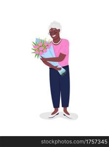 Happy mature african american woman with flowers flat color vector detailed character. Granny with bouquet. Mothers day isolated cartoon illustration for web graphic design and animation. Happy mature african american woman with flowers flat color vector detailed character