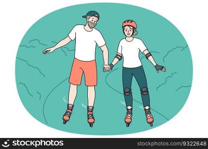 Happy mature couple have fun on roller blades on weekend in park. Overjoyed active energetic elderly man and woman ride rollers enjoy happy maturity together. Vector illustration.. Energetic senior couple ride on roller blades