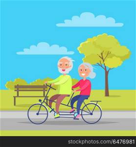 Happy Mature Couple Riding Together on Bike. Happy mature couple riding together on bike on background of bench and green tree in city park vector illustration. Husband and wife on retirement